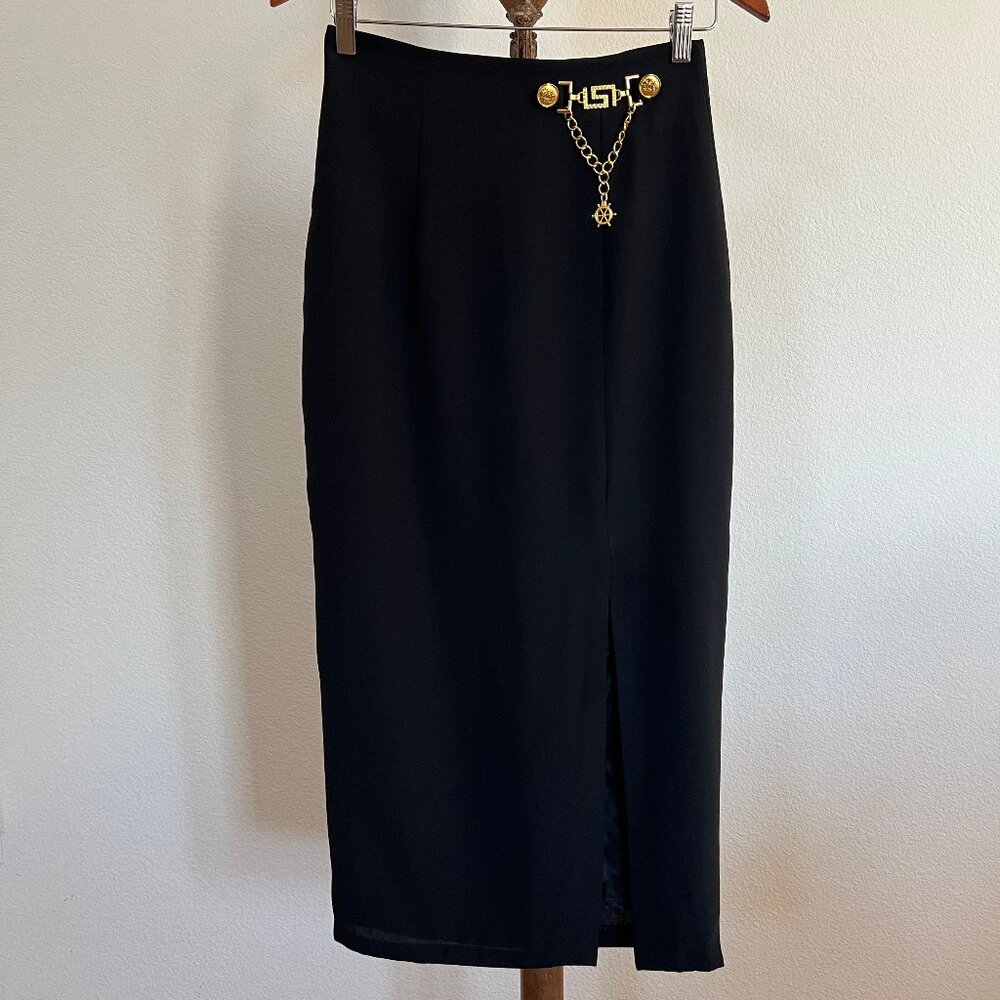 Top World Size M Black Gold-Tone Chain-Link Embellished Front Slit Maxi Skirt